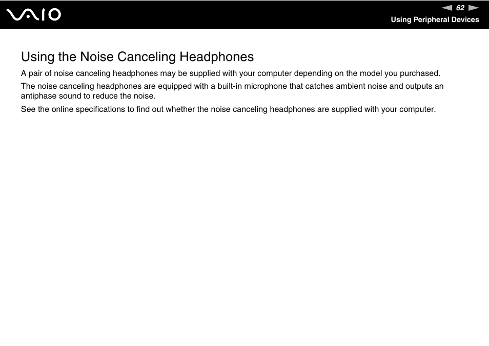 Using the noise canceling headphones | Sony VAIO VGN-P500 User Manual | Page 62 / 165