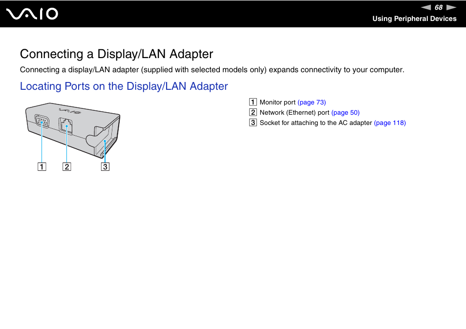 Connecting a display/lan adapter, Locating ports on the display/lan adapter | Sony VAIO VGN-P500 User Manual | Page 68 / 165