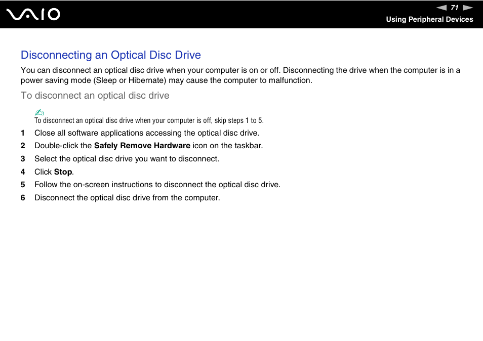 Disconnecting an optical disc drive | Sony VAIO VGN-P500 User Manual | Page 71 / 165