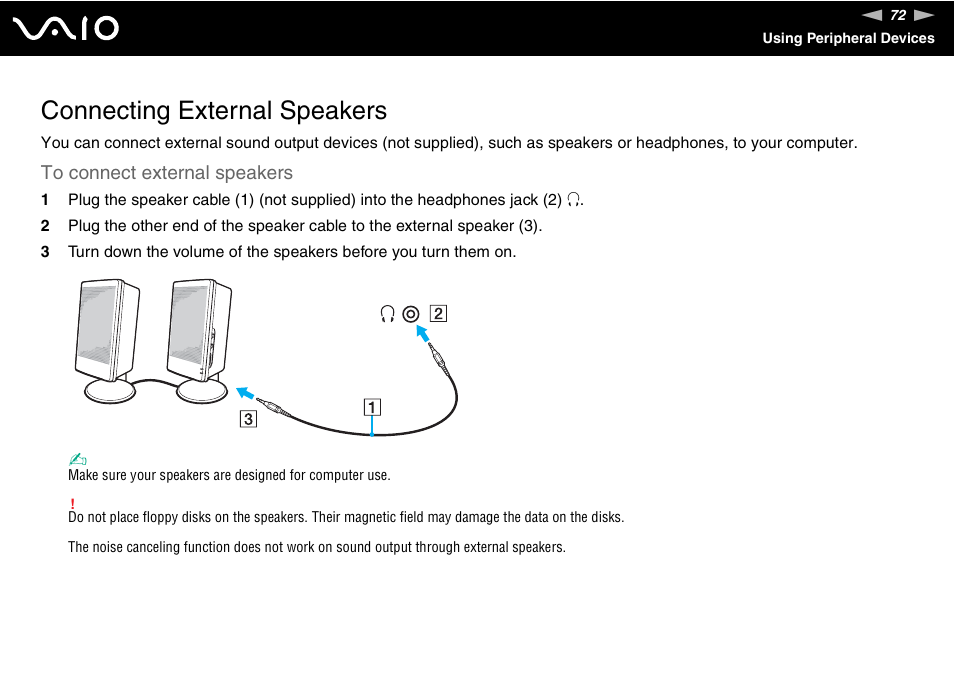 Connecting external speakers | Sony VAIO VGN-P500 User Manual | Page 72 / 165
