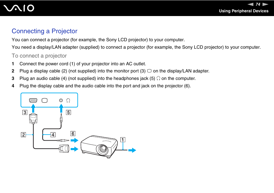 Connecting a projector | Sony VAIO VGN-P500 User Manual | Page 74 / 165