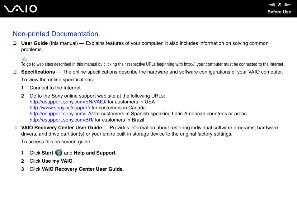 Non-printed documentation | Sony VAIO VGN-P500 User Manual | Page 8 / 165