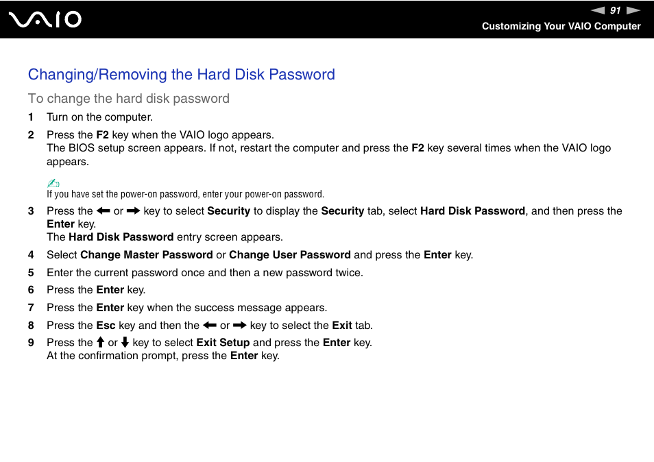 Changing/removing the hard disk password | Sony VAIO VGN-P500 User Manual | Page 91 / 165