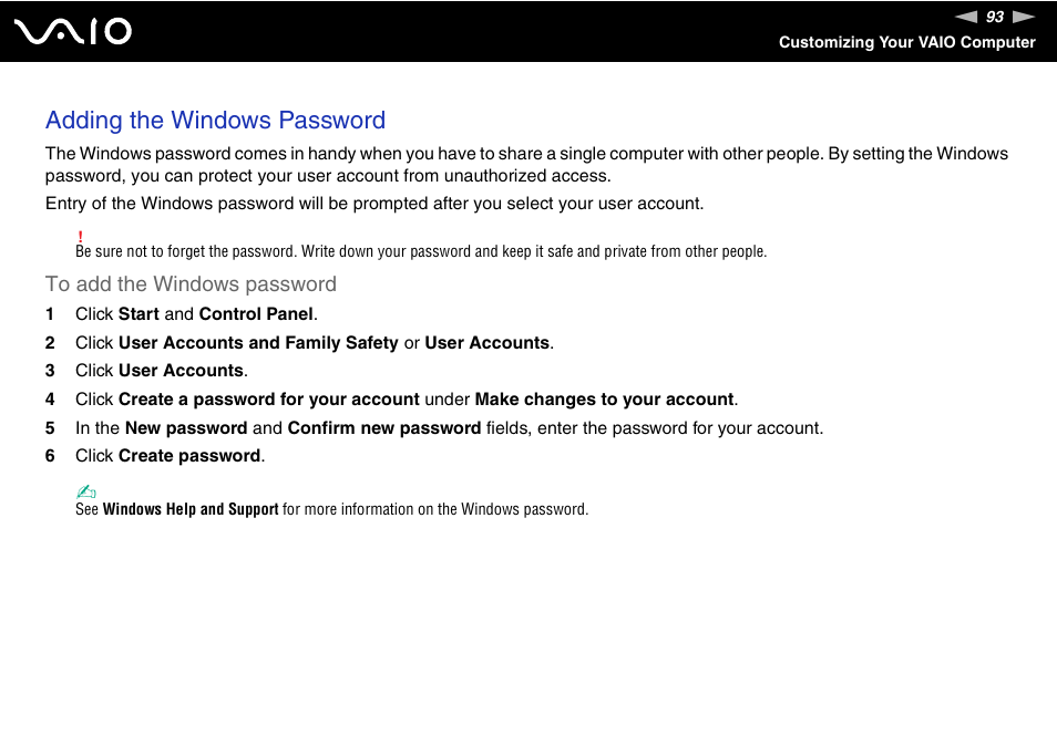 Adding the windows password | Sony VAIO VGN-P500 User Manual | Page 93 / 165