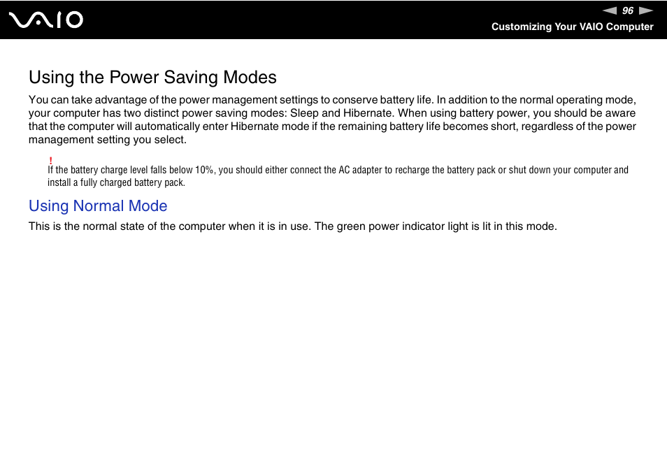 Using the power saving modes, Using normal mode | Sony VAIO VGN-P500 User Manual | Page 96 / 165