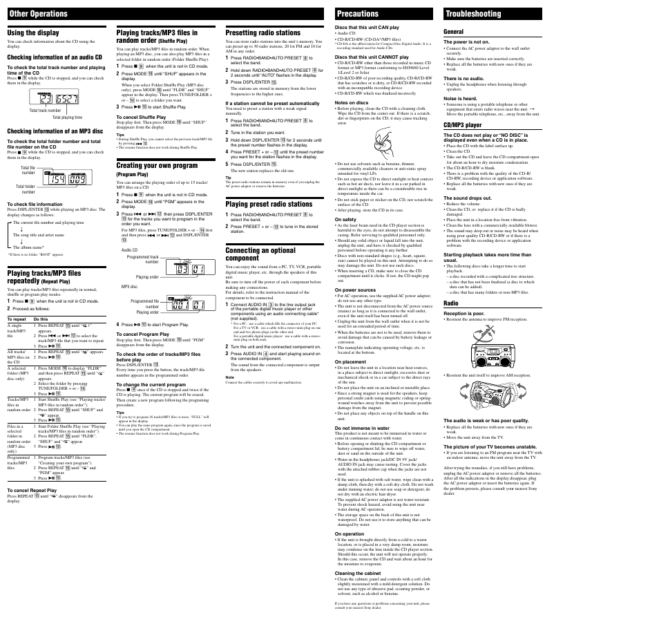 Other operations, Precautions, Troubleshooting | Using the display, Playing tracks/mp3 files repeatedly, Playing tracks/mp3 files in random order, Creating your own program, Presetting radio stations, Playing preset radio stations, Connecting an optional component | Sony ZS-H10CP User Manual | Page 2 / 2