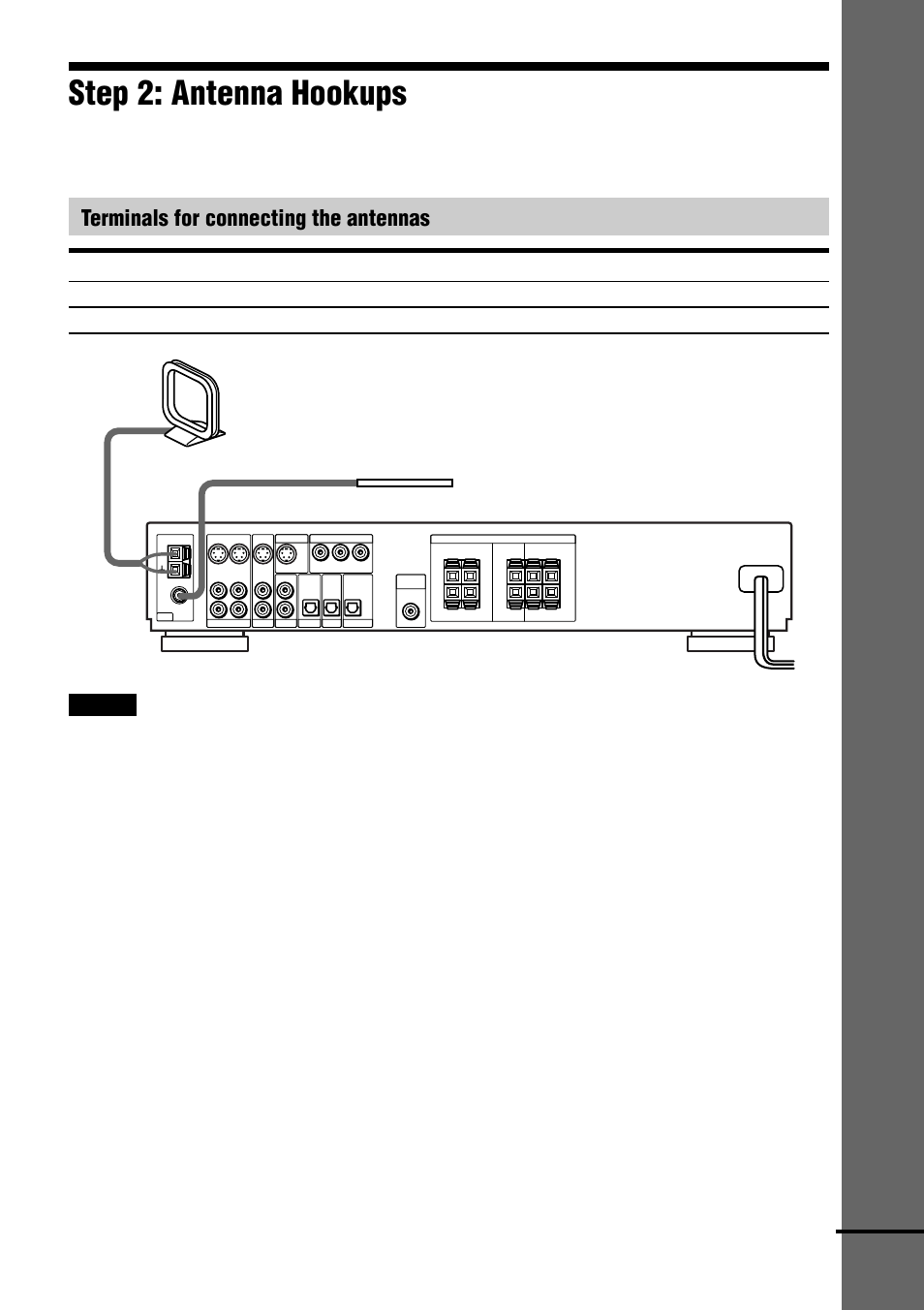 Step 2: antenna hookups, Getting star ted, Terminals for connecting the antennas | Continued, Am loop antenna fm wire antenna | Sony AVD-S10 User Manual | Page 19 / 164