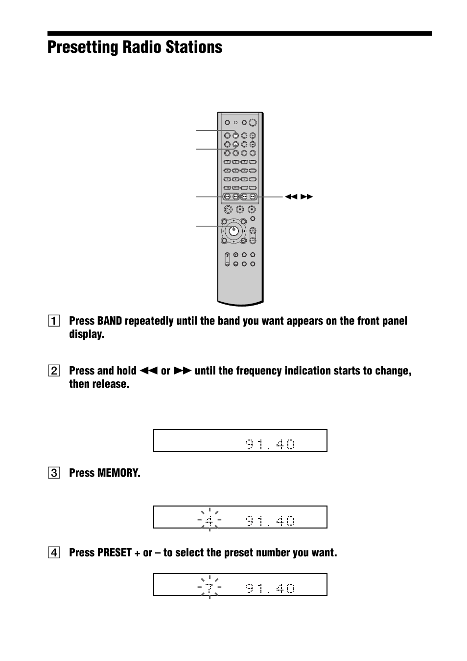 Presetting radio stations, A preset number appears on the front panel display | Sony AVD-S10 User Manual | Page 28 / 164