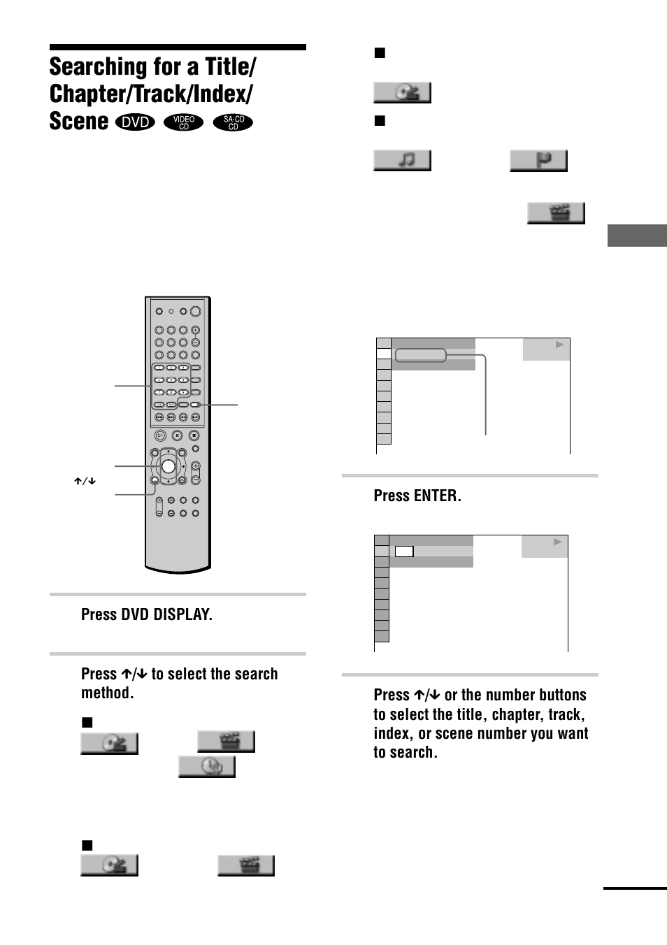 Searching for a title/ chapter/track/index/ scene | Sony AVD-S10 User Manual | Page 39 / 164