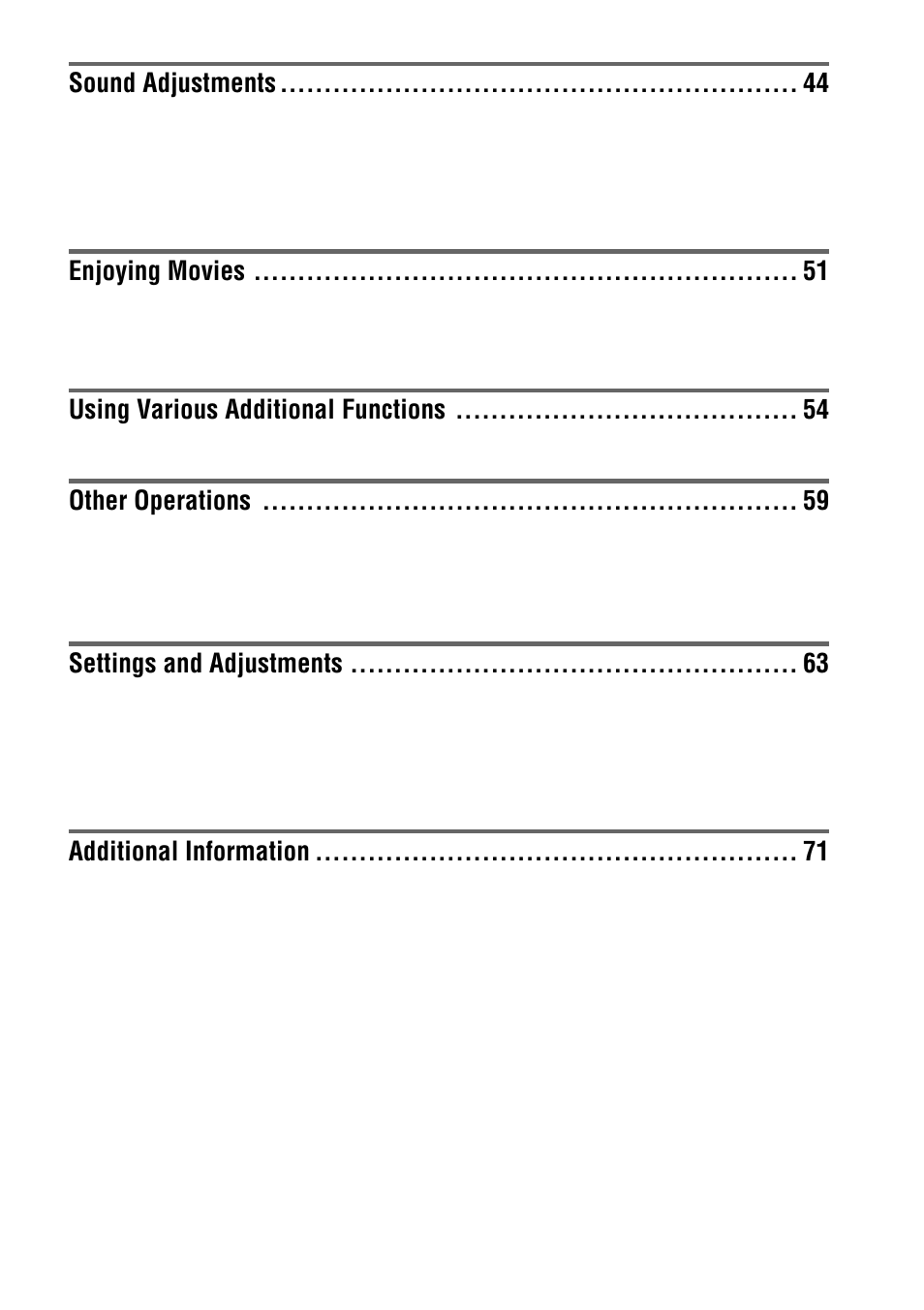 Sound adjustments, Enjoying movies, Using various additional functions | Other operations, Settings and adjustments, Additional information | Sony AVD-S10 User Manual | Page 5 / 164