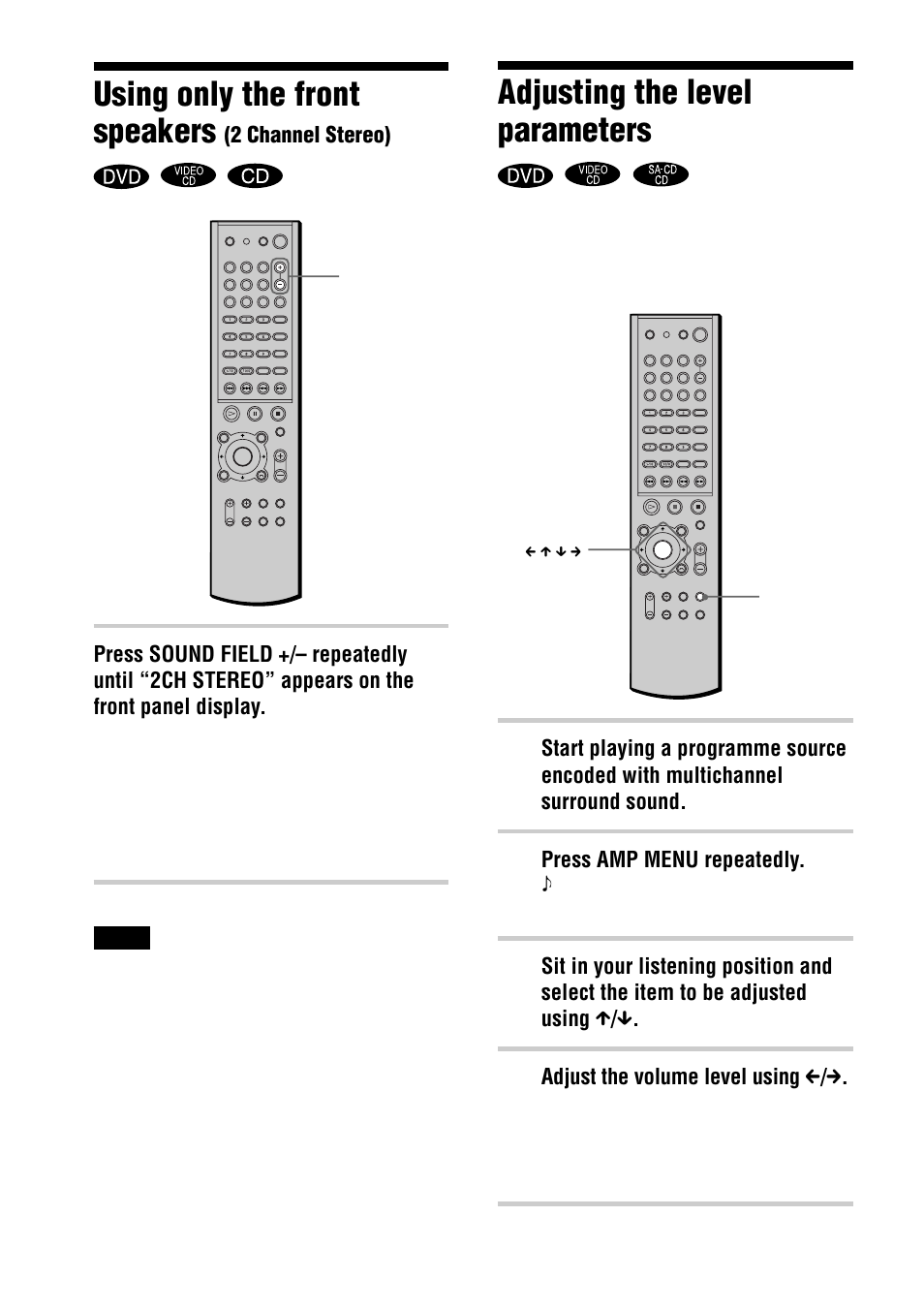 Adjusting the level parameters, Using only the front speakers | Sony AVD-S10 User Manual | Page 50 / 164