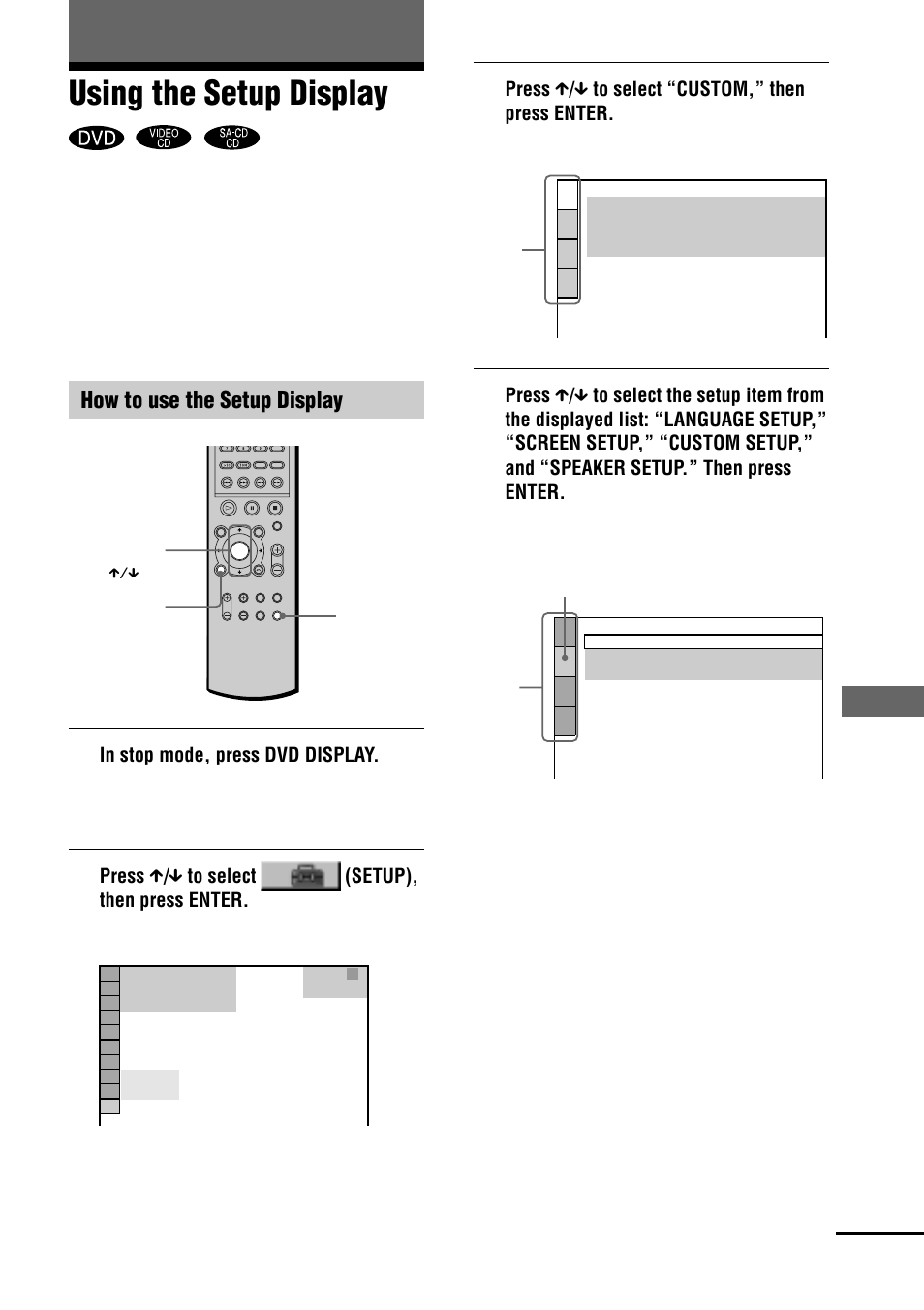 Using the setup display | Sony AVD-S10 User Manual | Page 63 / 164