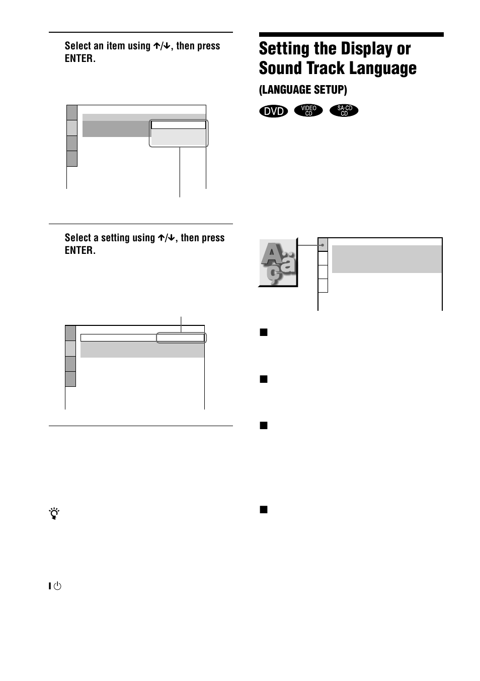 Setting the display or sound track language | Sony AVD-S10 User Manual | Page 64 / 164