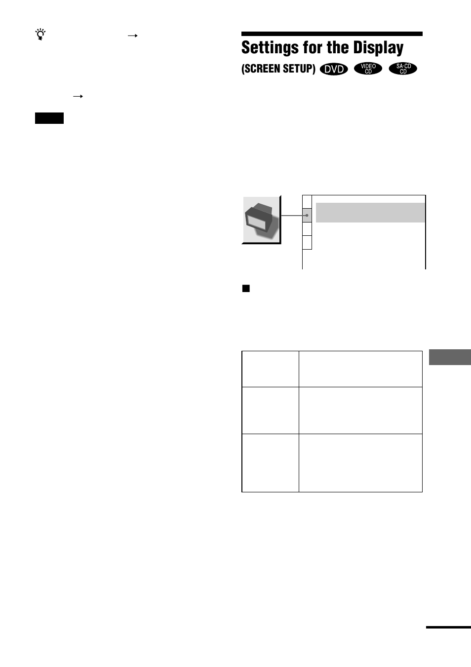 Settings for the display | Sony AVD-S10 User Manual | Page 65 / 164