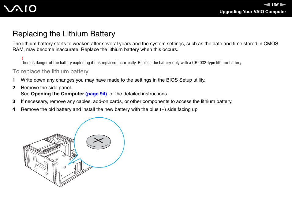 Replacing the lithium battery | Sony VGC-RC300 User Manual | Page 106 / 177