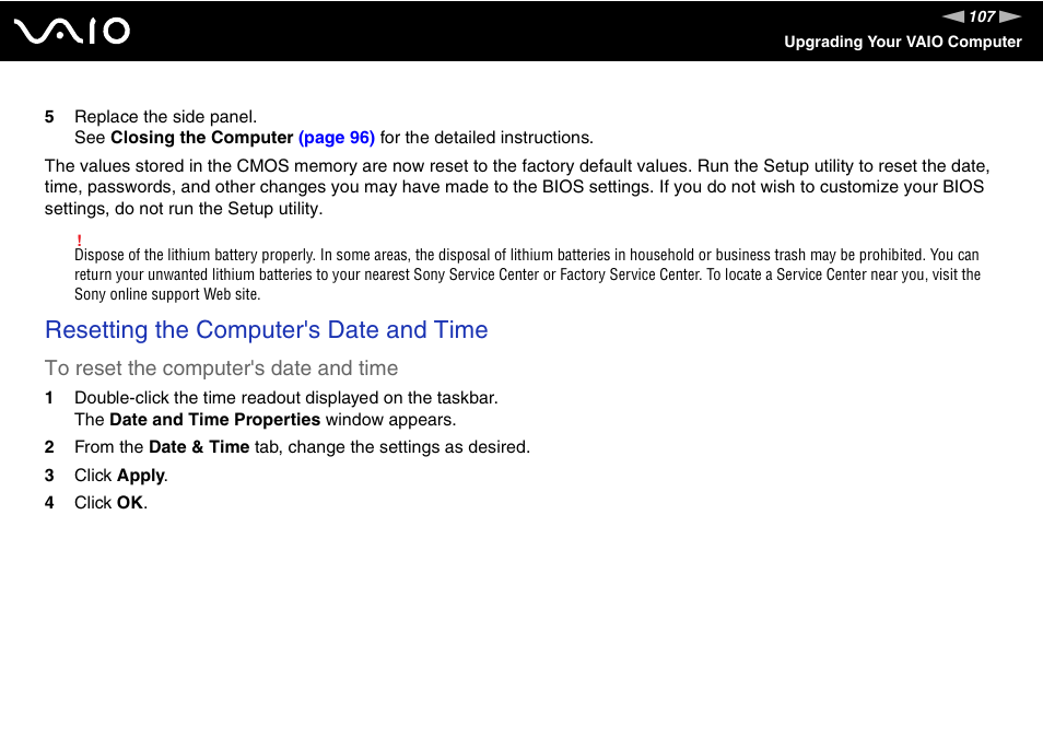 Resetting the computer's date and time | Sony VGC-RC300 User Manual | Page 107 / 177