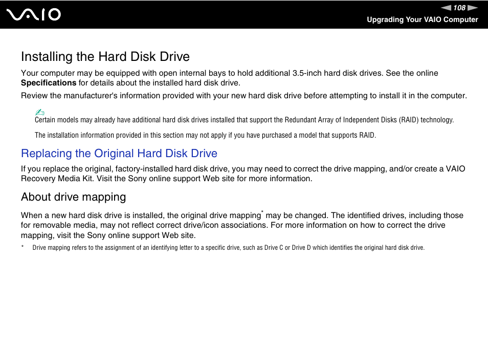 Installing the hard disk drive, Replacing the original hard disk drive, About drive mapping | Sony VGC-RC300 User Manual | Page 108 / 177