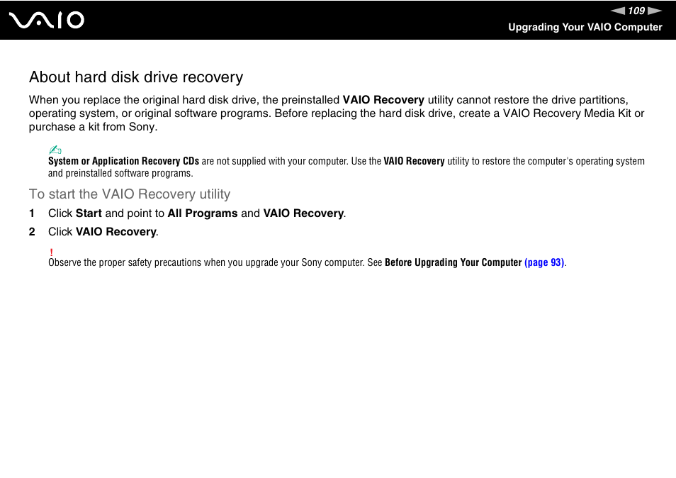 About hard disk drive recovery | Sony VGC-RC300 User Manual | Page 109 / 177