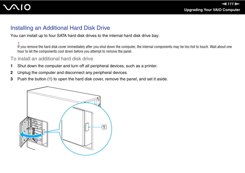 Installing an additional hard disk drive | Sony VGC-RC300 User Manual | Page 111 / 177
