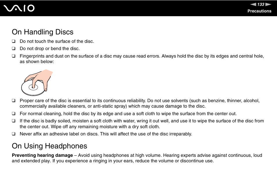 On handling discs, On using headphones | Sony VGC-RC300 User Manual | Page 133 / 177