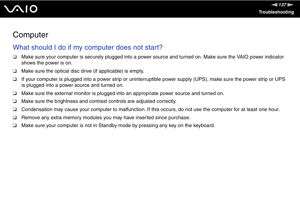 Computer, What should i do if my computer does not start | Sony VGC-RC300 User Manual | Page 137 / 177