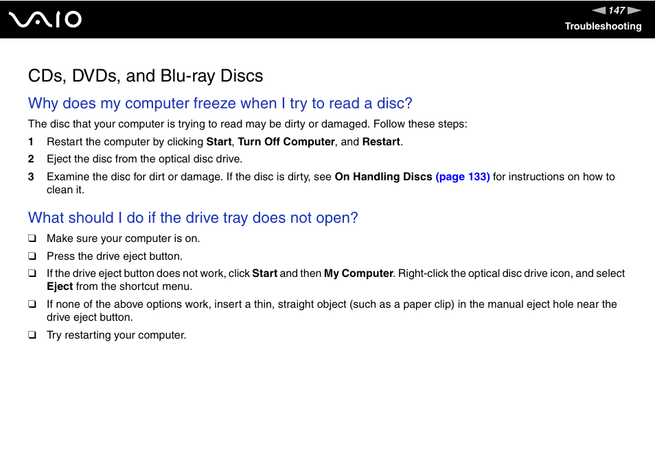 Cds, dvds, and blu-ray discs, What should i do if the drive tray does not open | Sony VGC-RC300 User Manual | Page 147 / 177