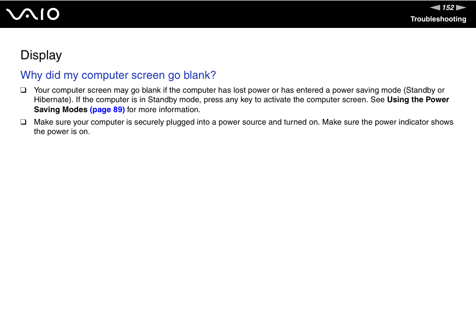 Display, Why did my computer screen go blank | Sony VGC-RC300 User Manual | Page 152 / 177
