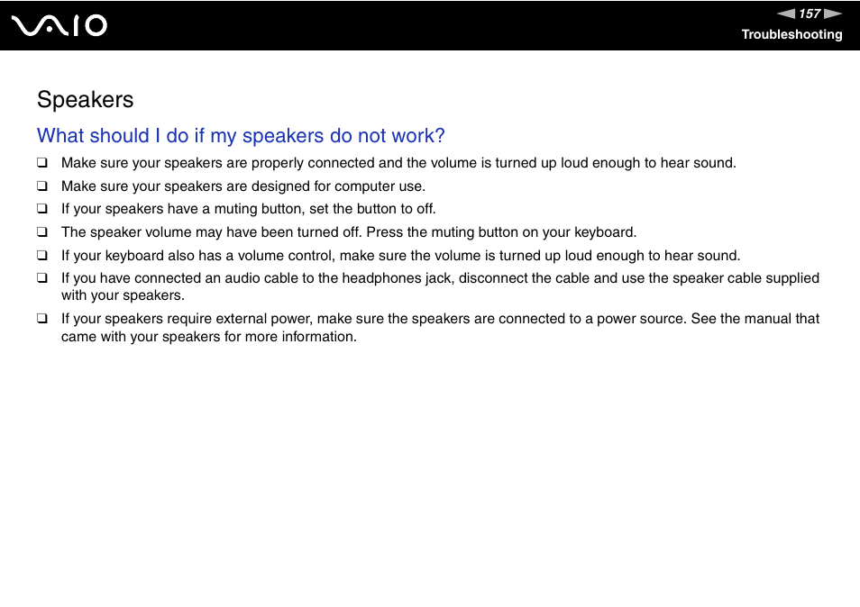 Speakers, What should i do if my speakers do not work | Sony VGC-RC300 User Manual | Page 157 / 177