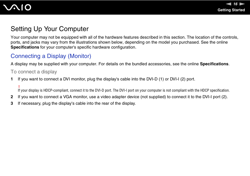 Setting up your computer, Connecting a display (monitor) | Sony VGC-RC300 User Manual | Page 16 / 177