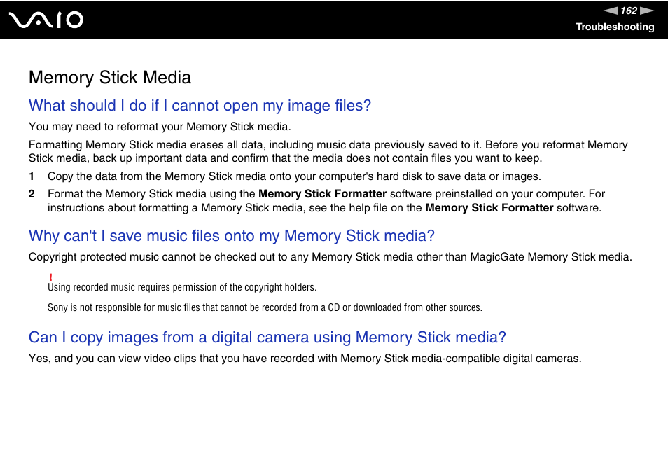 Memory stick media, What should i do if i cannot open my image files | Sony VGC-RC300 User Manual | Page 162 / 177
