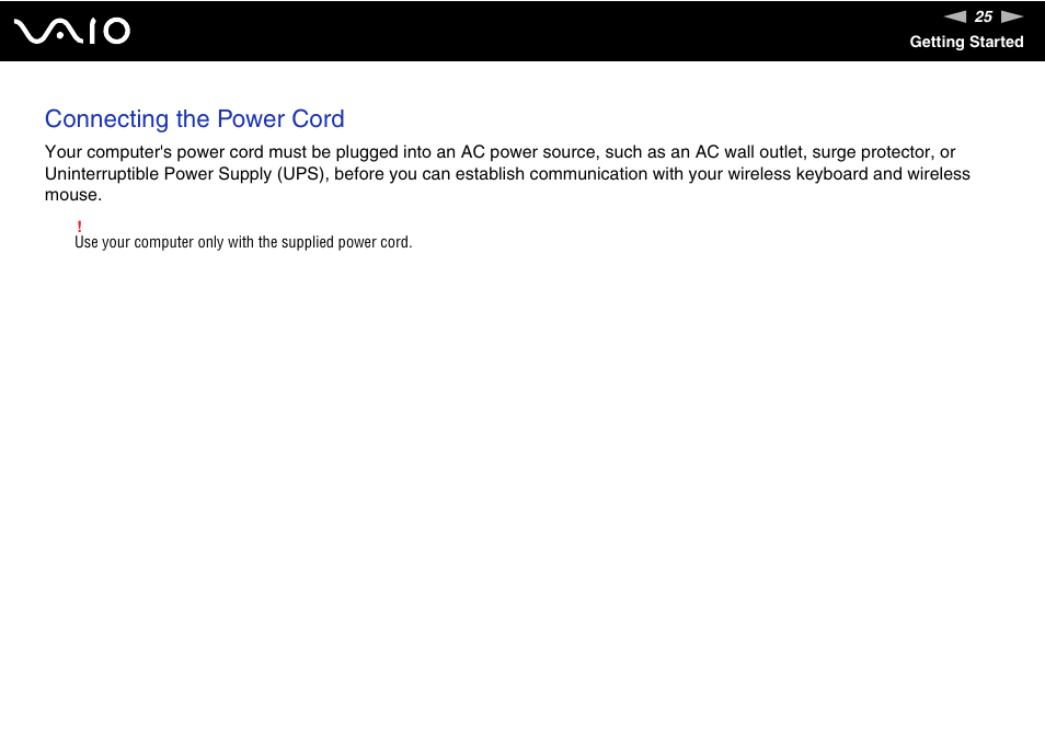 Connecting the power cord | Sony VGC-RC300 User Manual | Page 25 / 177