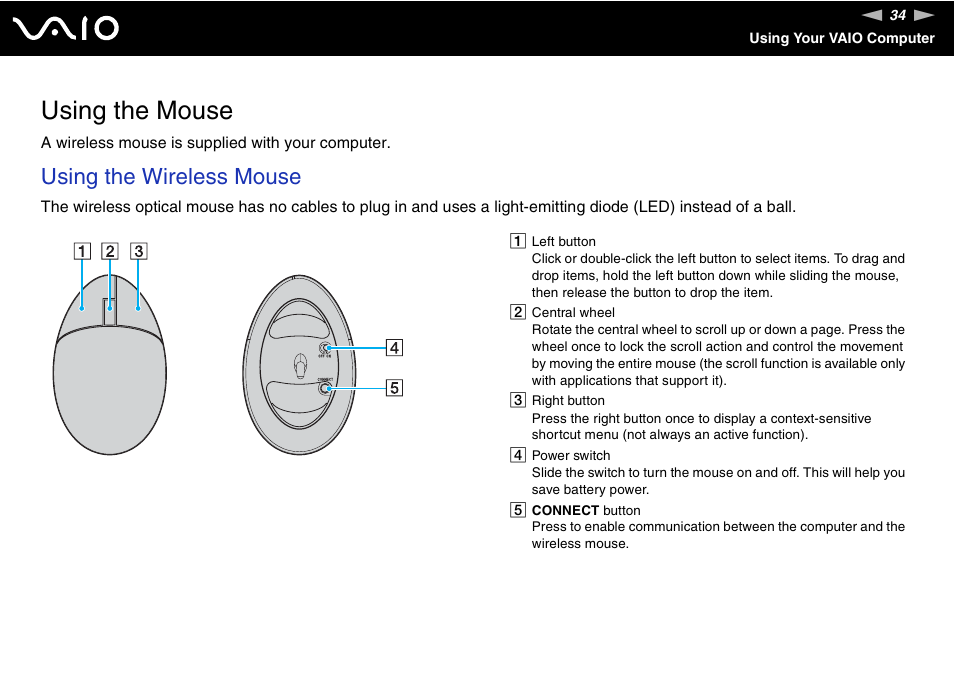 Using the mouse, Using the wireless mouse | Sony VGC-RC300 User Manual | Page 34 / 177