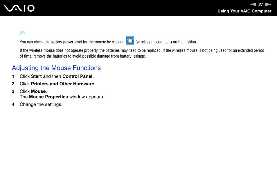 Adjusting the mouse functions | Sony VGC-RC300 User Manual | Page 37 / 177