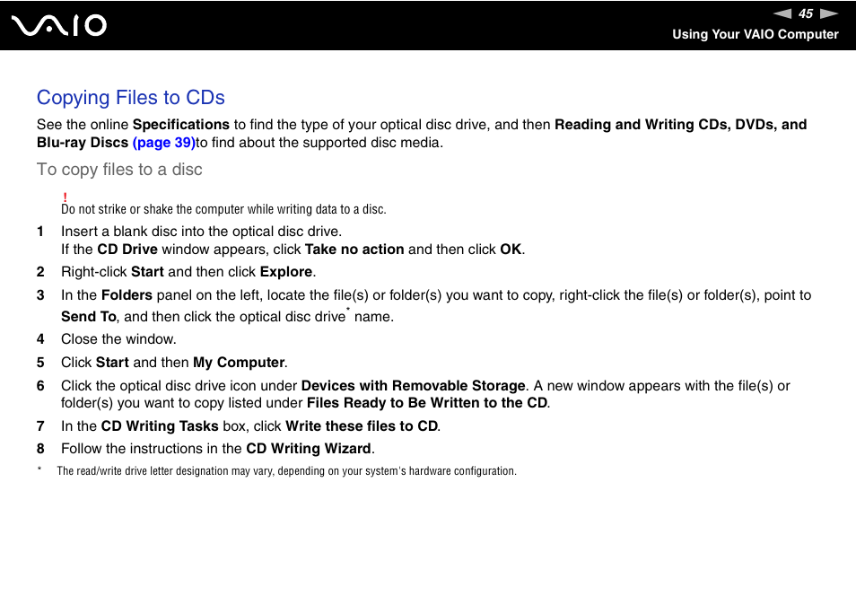 Copying files to cds | Sony VGC-RC300 User Manual | Page 45 / 177
