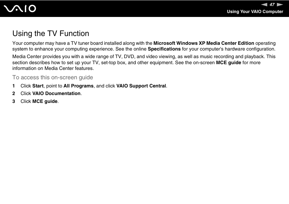 Using the tv function, Tion | Sony VGC-RC300 User Manual | Page 47 / 177