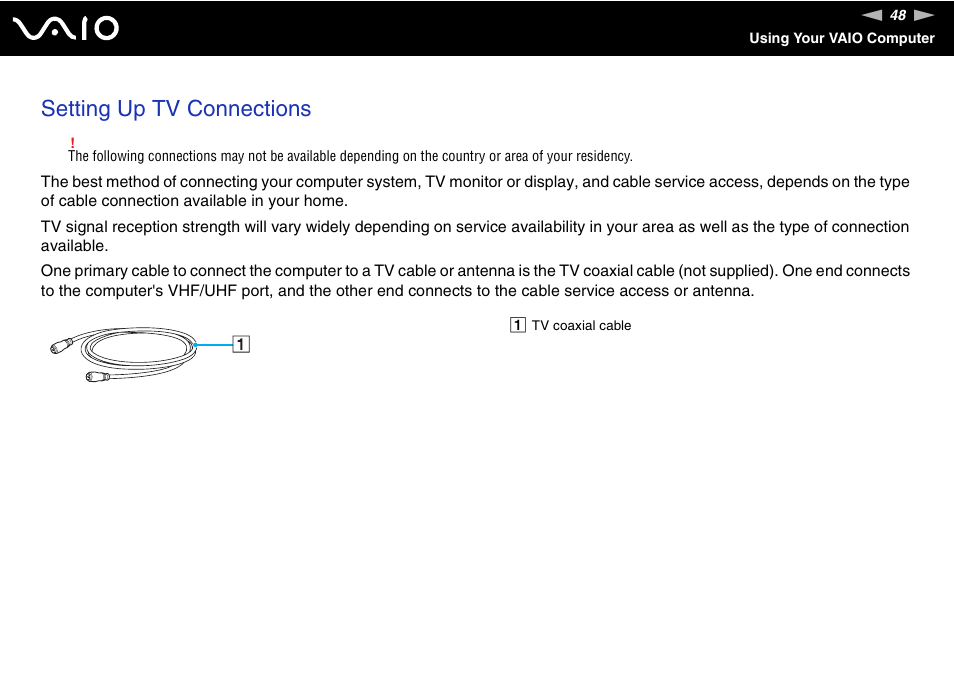 Setting up tv connections | Sony VGC-RC300 User Manual | Page 48 / 177