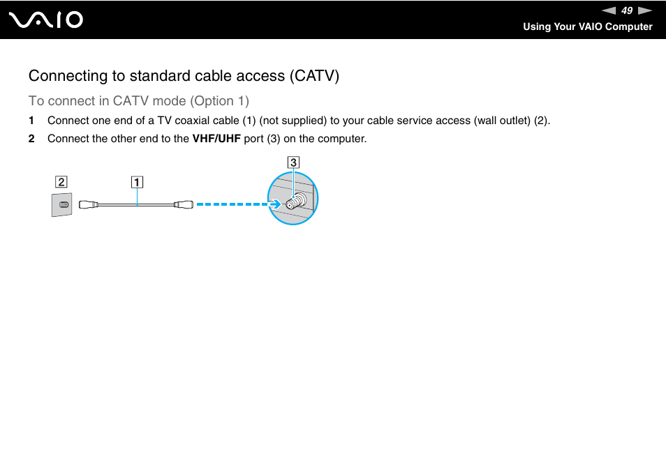 Connecting to standard cable access (catv) | Sony VGC-RC300 User Manual | Page 49 / 177