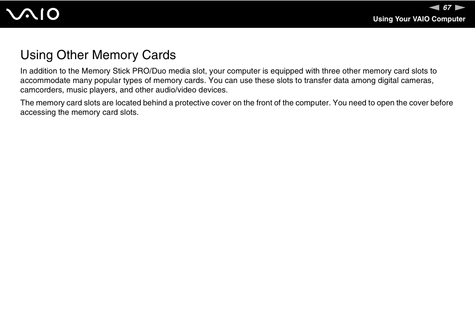 Using other memory cards | Sony VGC-RC300 User Manual | Page 67 / 177