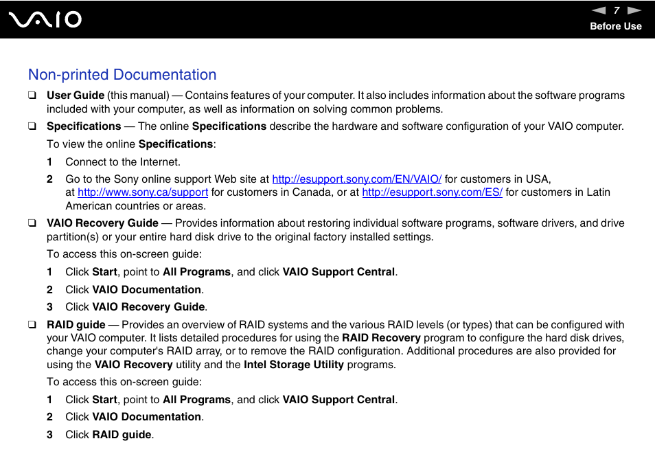 Non-printed documentation | Sony VGC-RC300 User Manual | Page 7 / 177