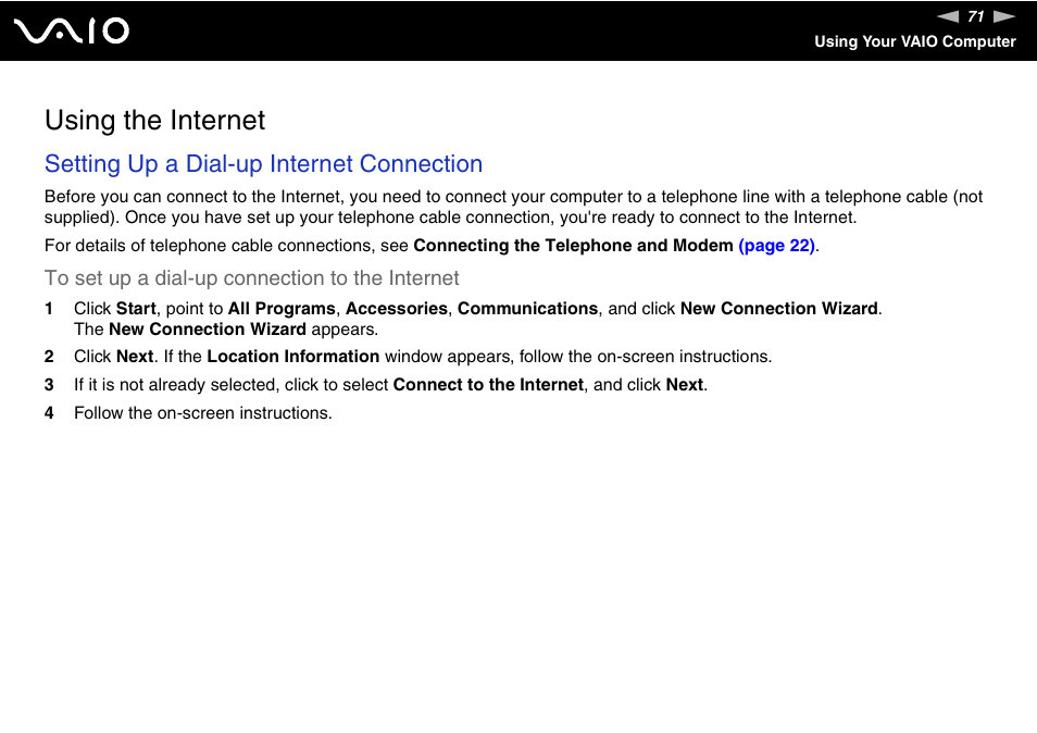 Using the internet, Setting up a dial-up internet connection | Sony VGC-RC300 User Manual | Page 71 / 177