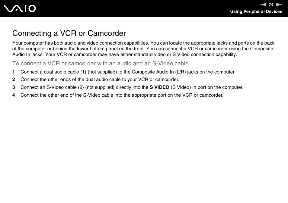 Connecting a vcr or camcorder | Sony VGC-RC300 User Manual | Page 74 / 177