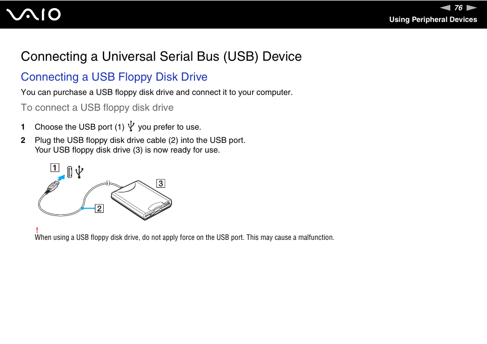 Connecting a universal serial bus (usb) device, Connecting a usb floppy disk drive | Sony VGC-RC300 User Manual | Page 76 / 177