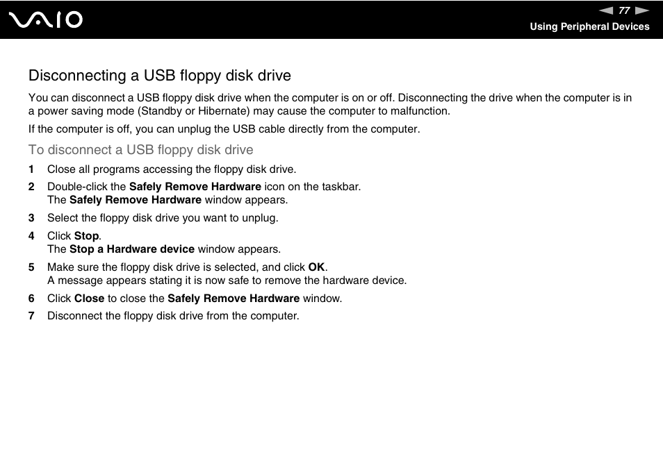 Disconnecting a usb floppy disk drive | Sony VGC-RC300 User Manual | Page 77 / 177