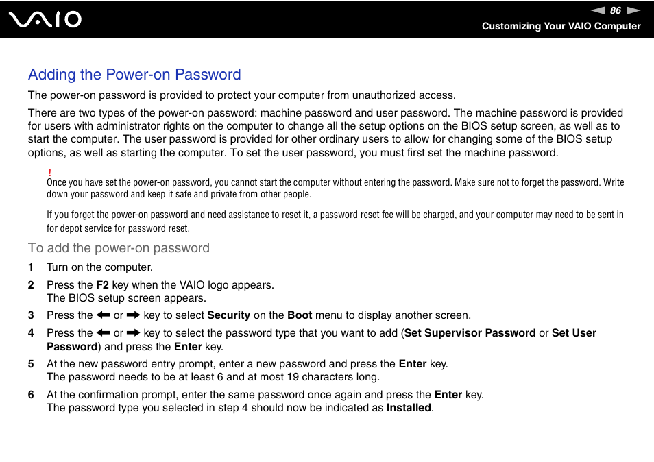 Adding the power-on password | Sony VGC-RC300 User Manual | Page 86 / 177