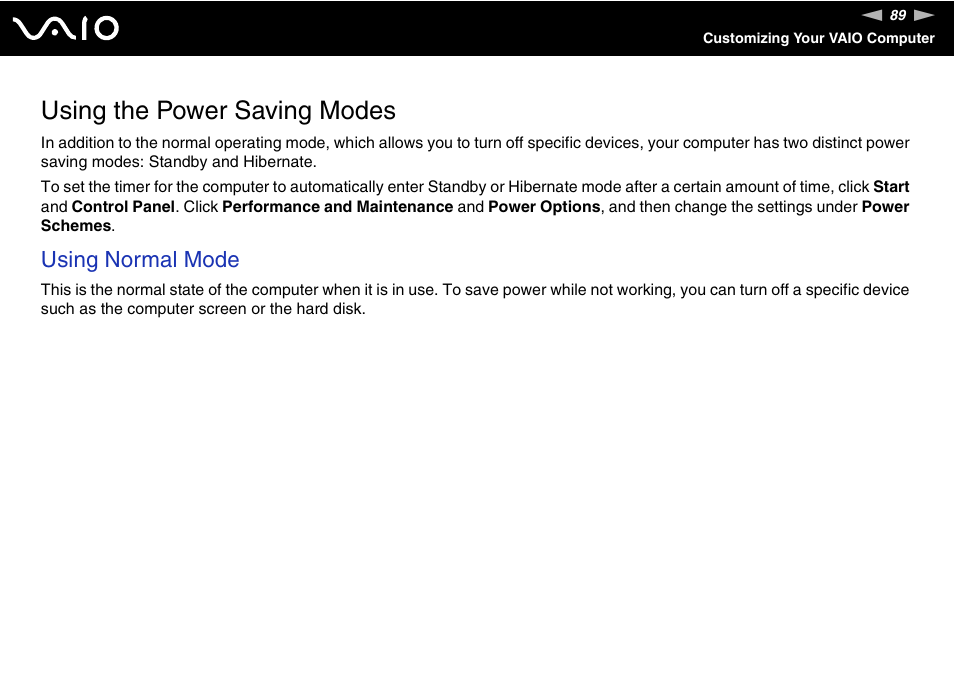 Using the power saving modes, Using normal mode | Sony VGC-RC300 User Manual | Page 89 / 177