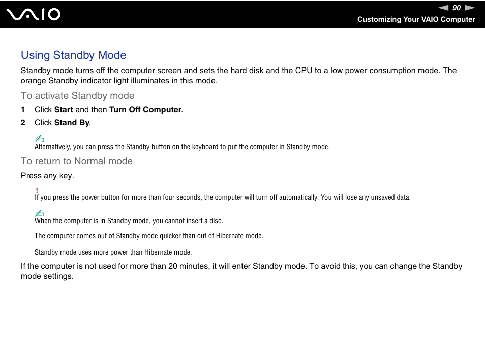 Using standby mode | Sony VGC-RC300 User Manual | Page 90 / 177