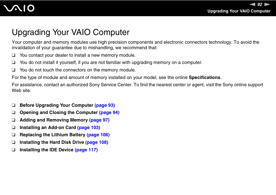 Upgrading your vaio computer | Sony VGC-RC300 User Manual | Page 92 / 177