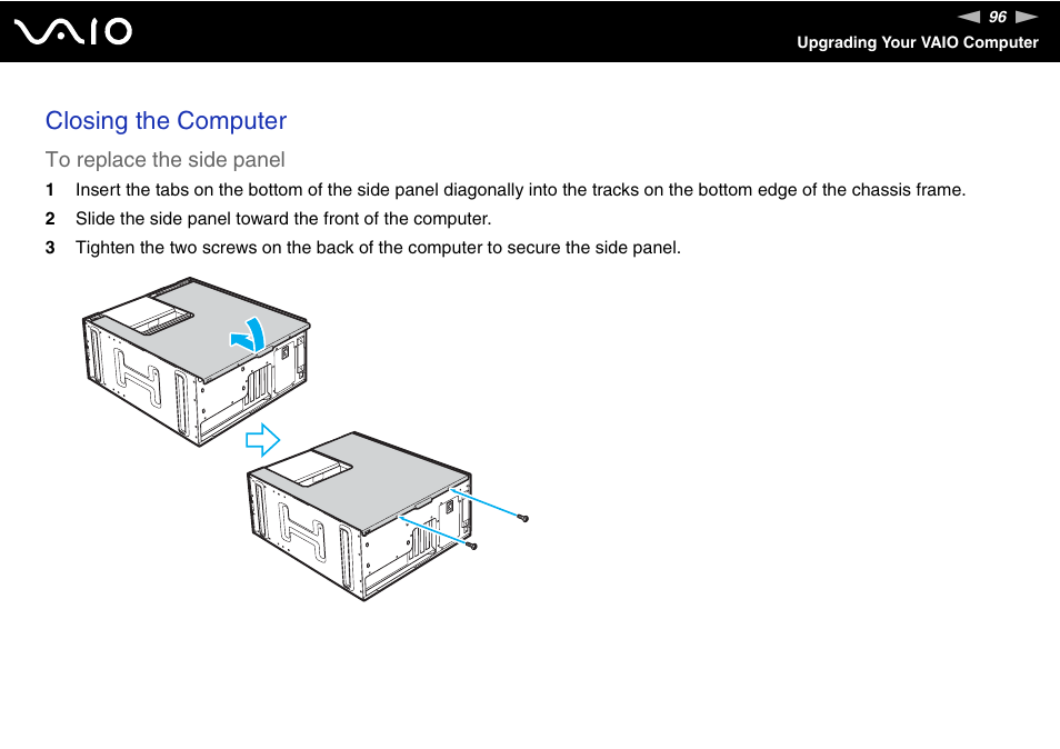 Closing the computer | Sony VGC-RC300 User Manual | Page 96 / 177