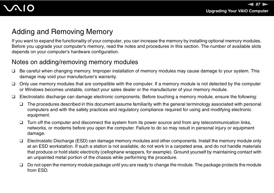 Adding and removing memory | Sony VGC-RC300 User Manual | Page 97 / 177