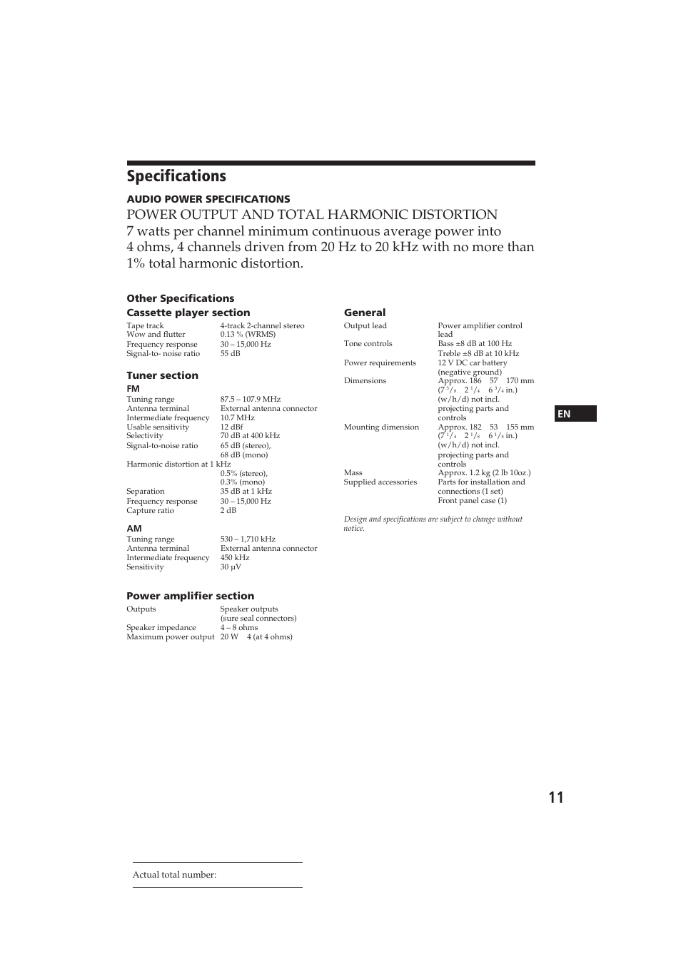 Specifications | Sony XR-3500MK2 User Manual | Page 11 / 12